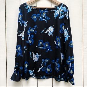 Banana Republic Satin Floral Dark Navy Blouse Top